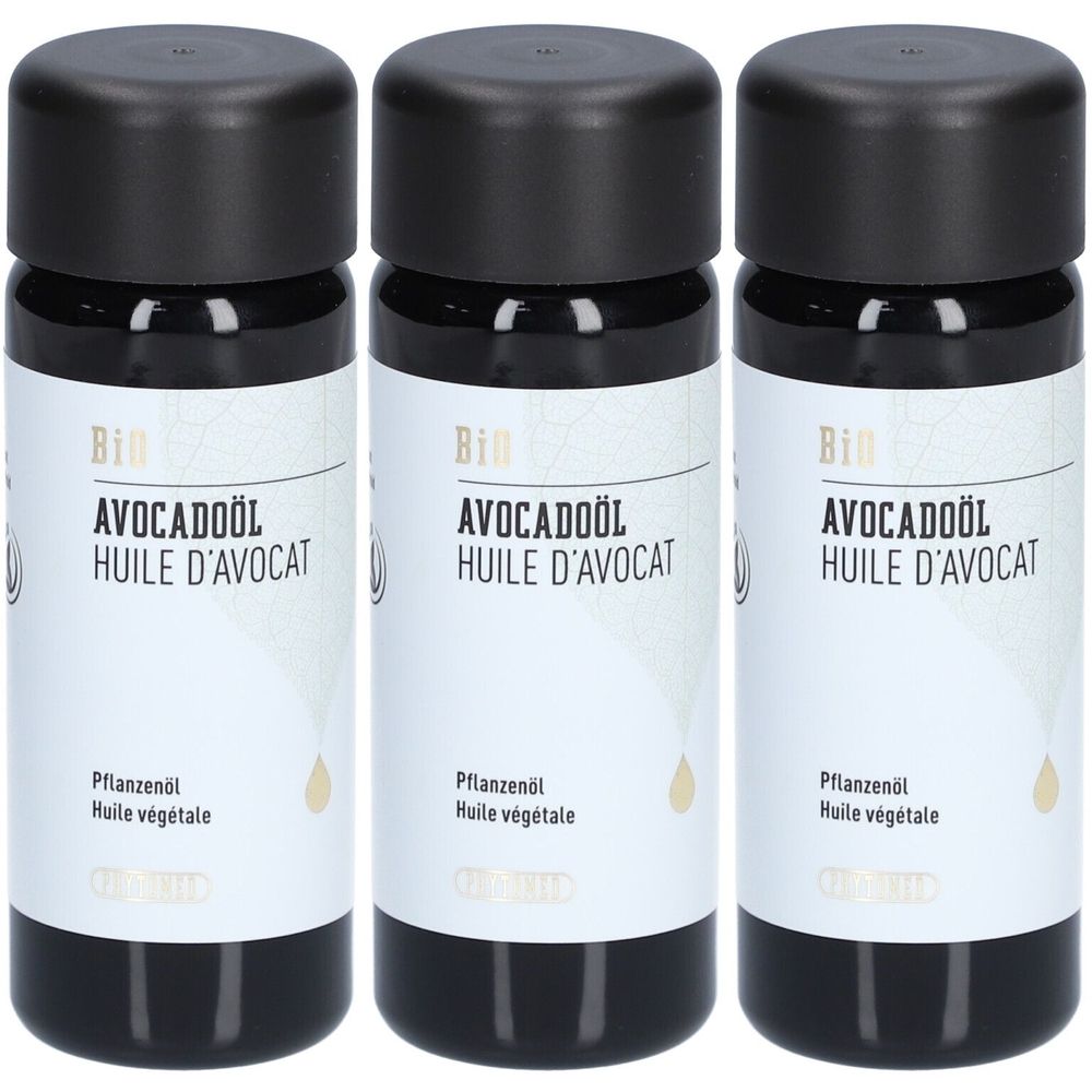 Drie flessen met zwarte doppen. Opschrift: Bio Avocadoöl, Huile d'avocat. Pflanzenöl, Huile végétale.
