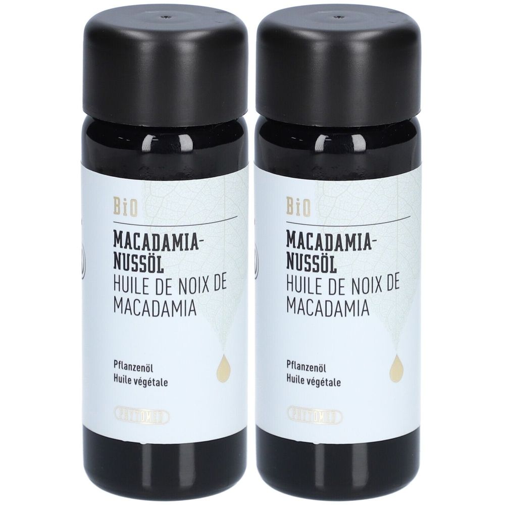 Twee flessen met zwarte doppen. Labels: Macadamia-notenolie, Bio. Plantaardige olie. Druppel-illustratie.