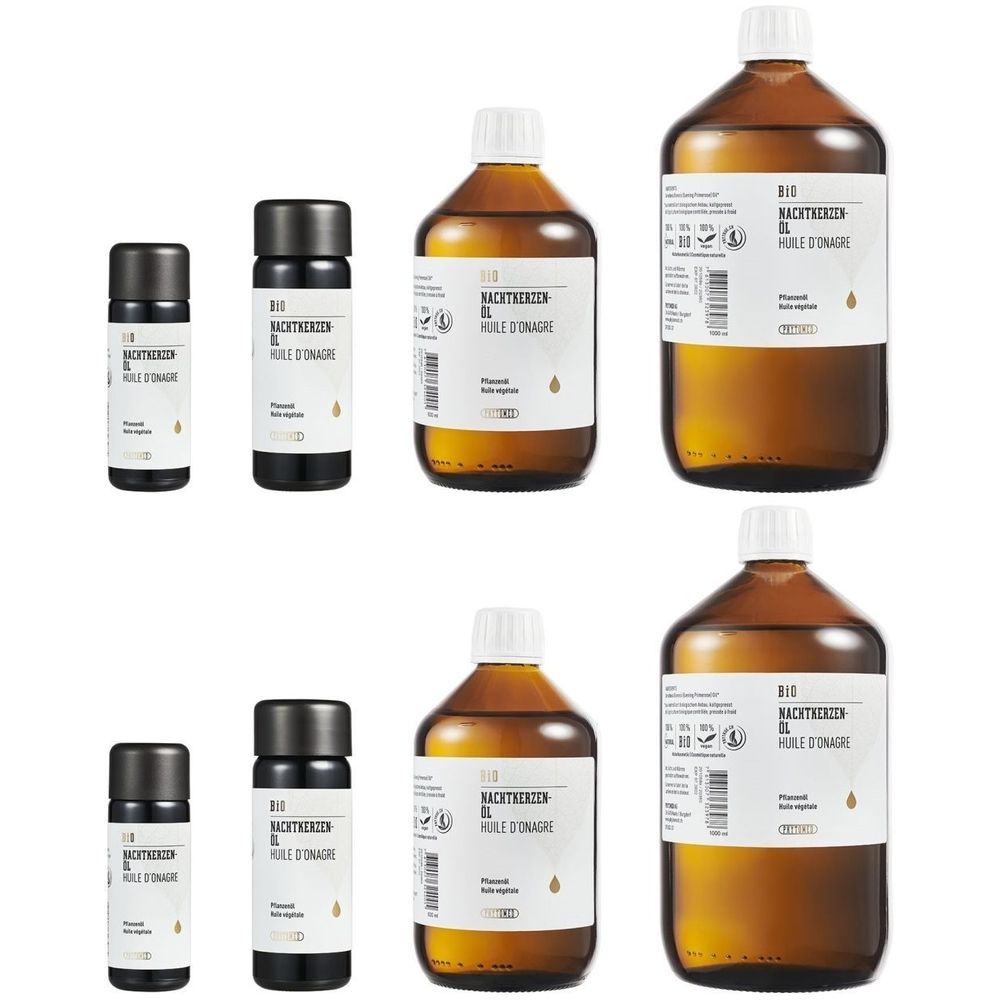 Verschillende flessen bruine olie. Opschrift: BIO Teunisbloemolie, Huile d'onagre. Verschillende maten, witte etiketten.