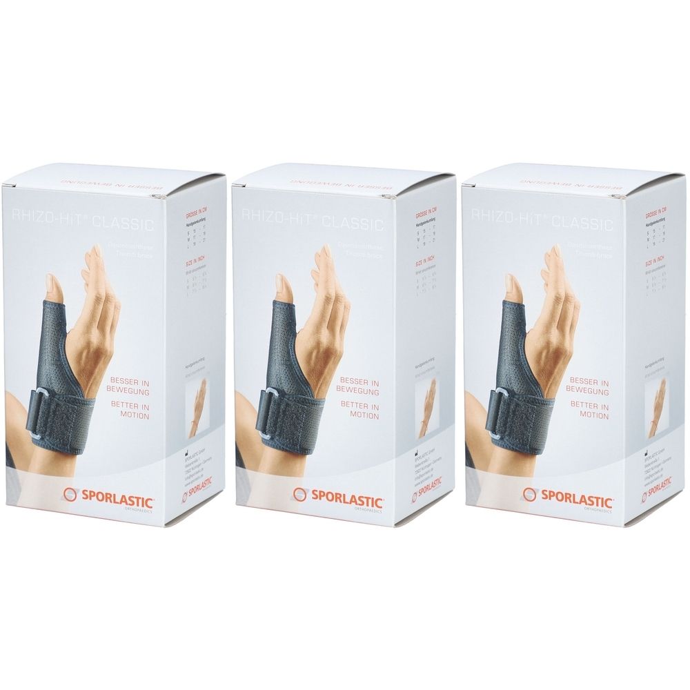 Drie dozen SPORLASTIC Rhizo Hit Classic. Elke doos toont een hand met duimbrace. Zwarte bandage, klittenband, witte doos.