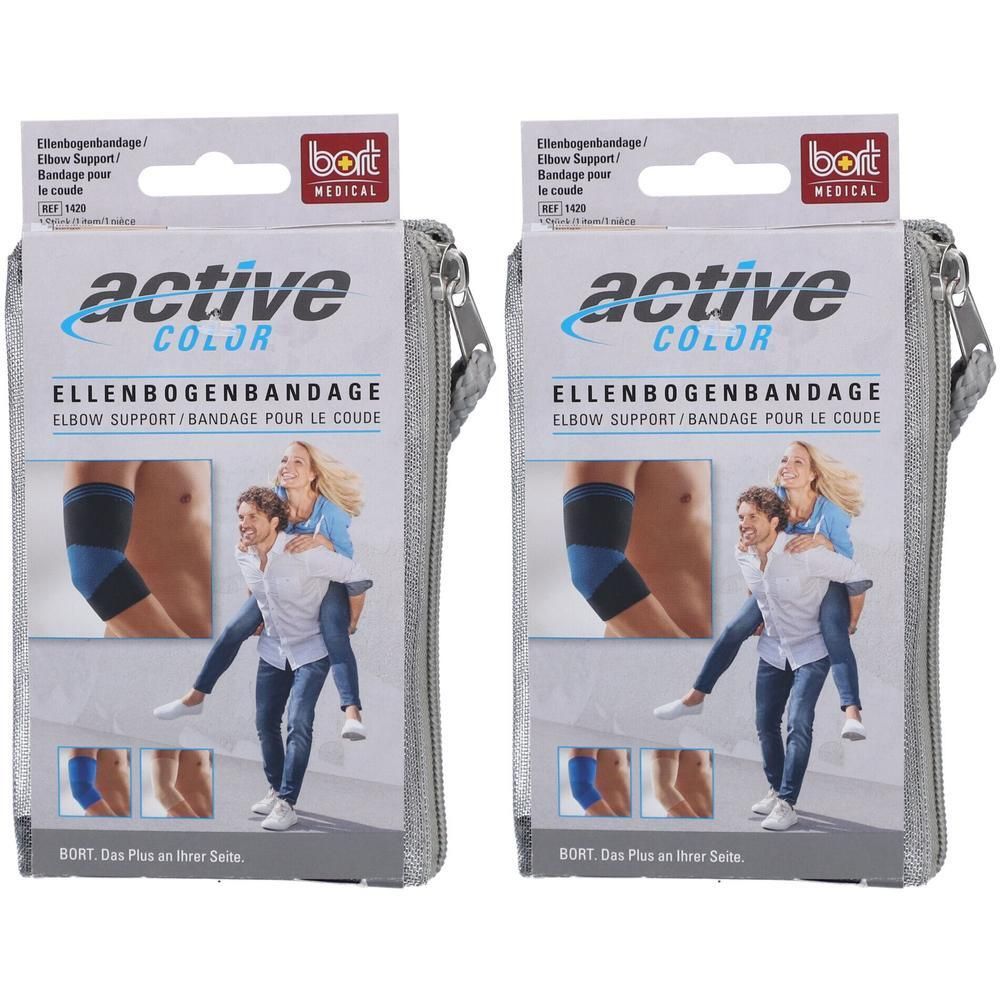 Deux paquets de bandage de coude BORT ActiveColor gris avec bandage bleu. Montre un couple se portant.