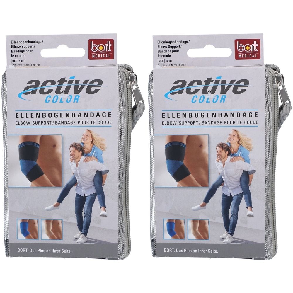 Twee pakken BORT ActiveColor elleboogbandage in grijs met blauwe band. Toont een stel dat elkaar draagt.