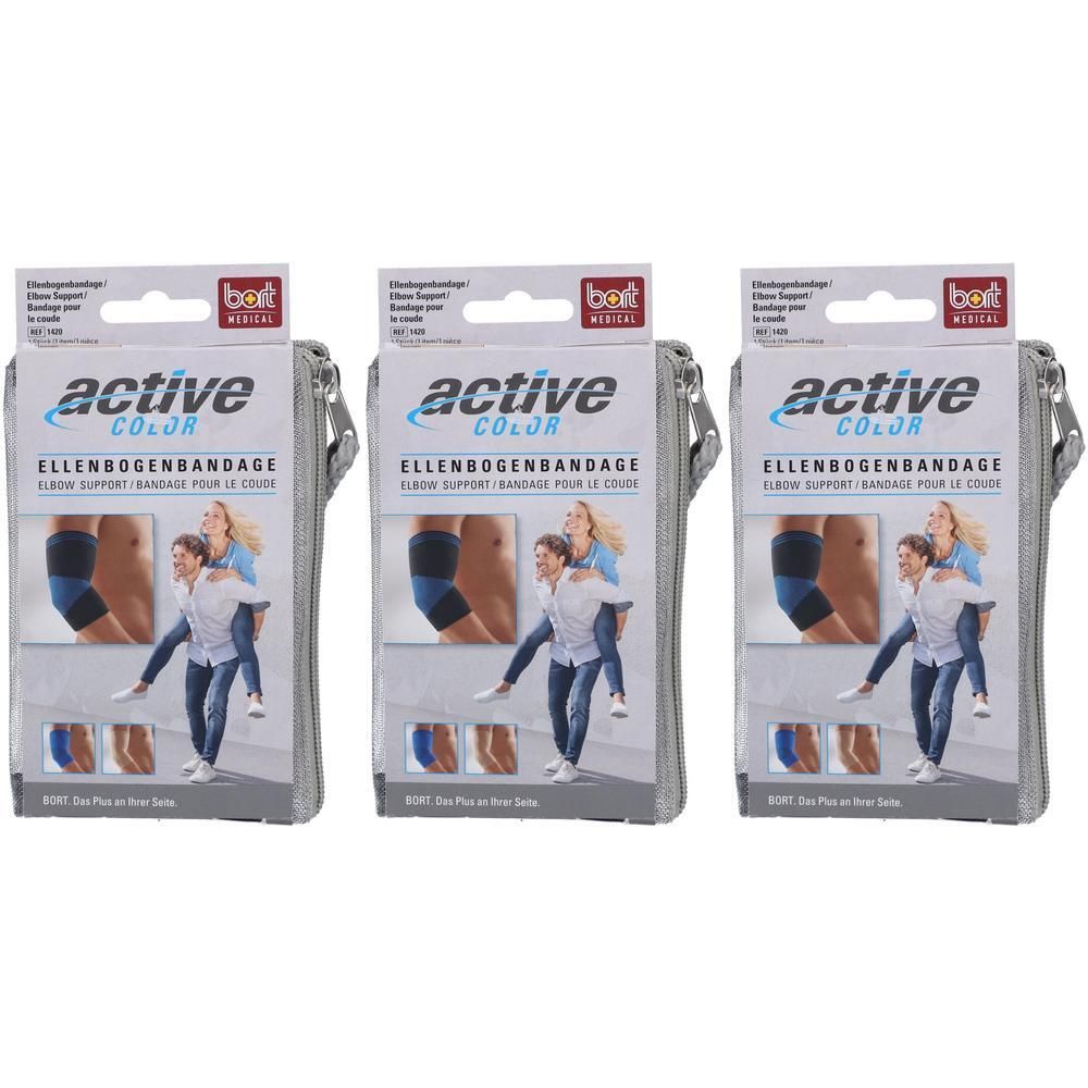 Drie verpakkingen BORT ActiveColor elleboogbandage in grijs.