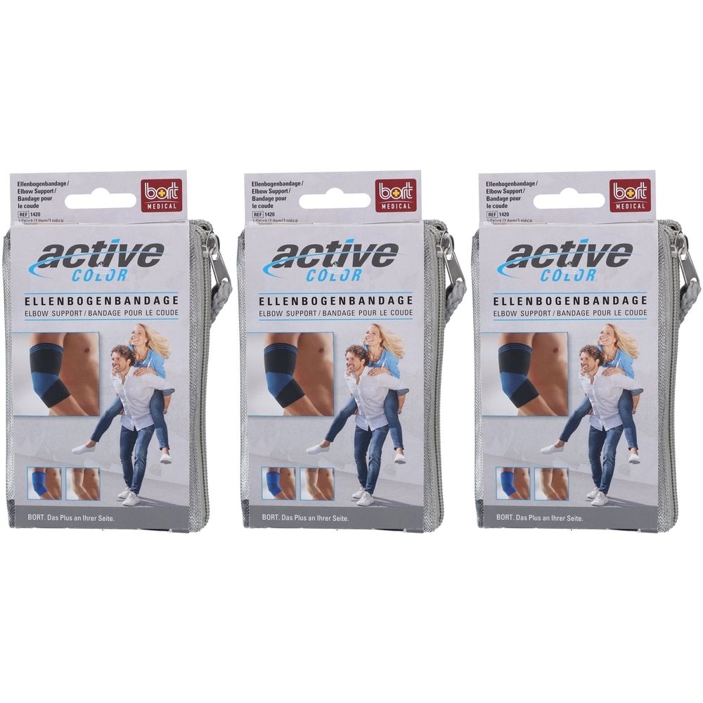 Drie verpakkingen BORT ActiveColor elleboogbandage in grijs.