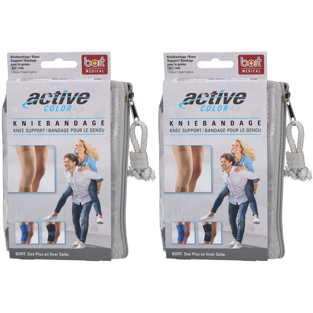 Deux paquets de genouillères BORT ActiveColor grises. Montre des exemples d'application en couleur peau, bleu et noir.