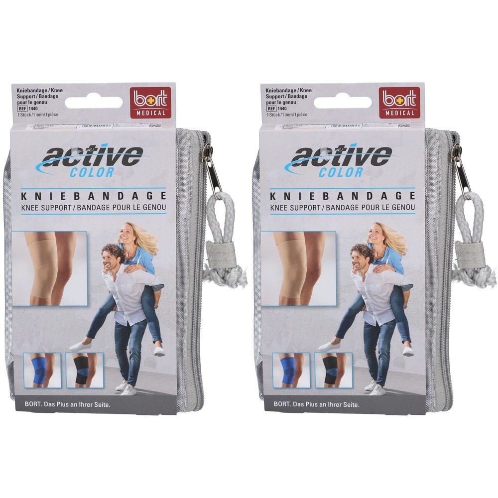 Deux paquets de genouillères BORT ActiveColor grises. Montre des exemples d'application en couleur peau, bleu et noir.