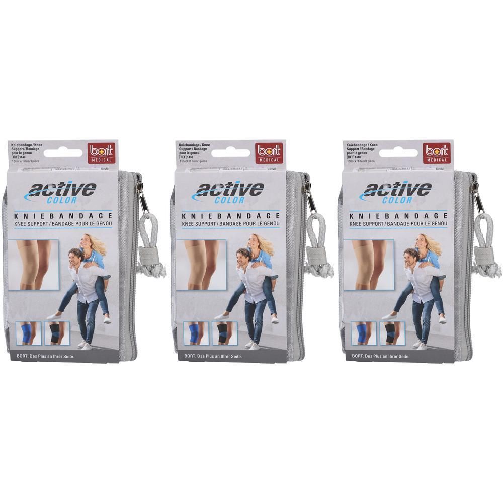 Drie pakken grijze BORT ActiveColor kniebandages. Elk pak toont een vrouw die op de rug van een man zit en kleuropties.
