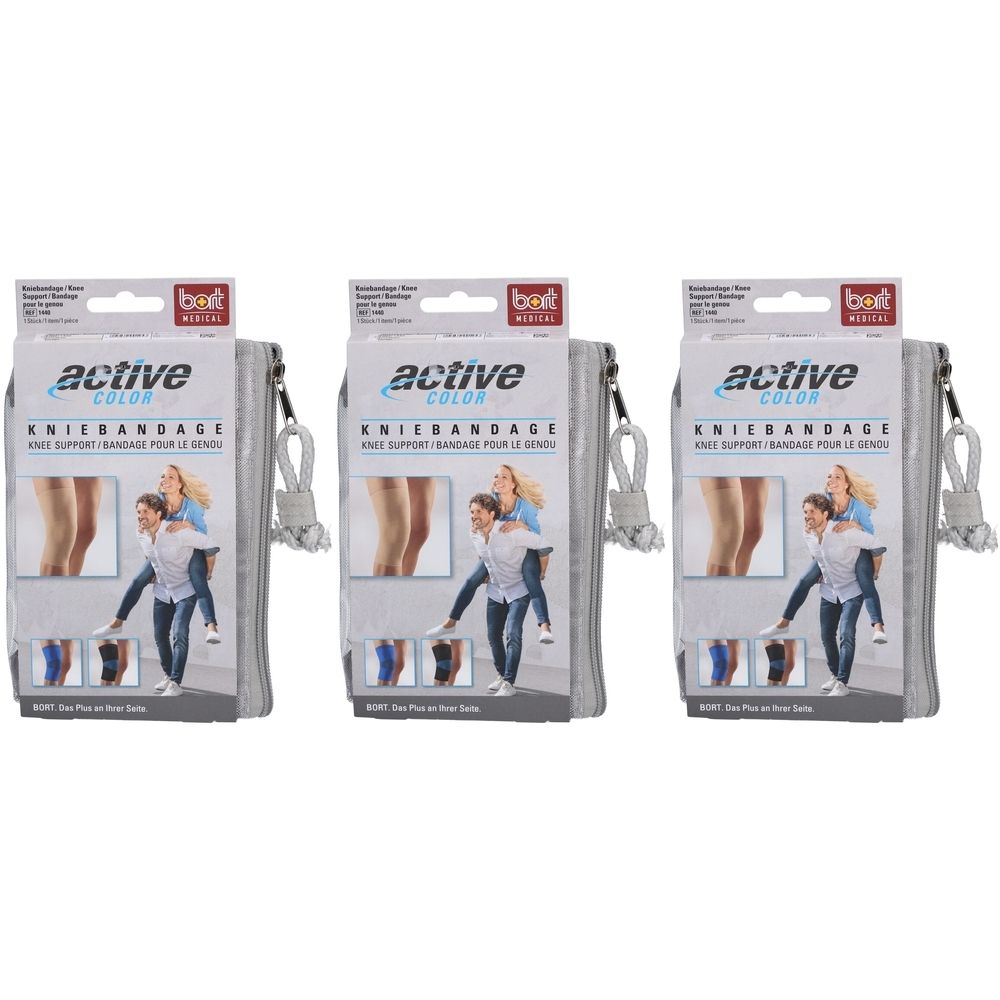 Drie pakken grijze BORT ActiveColor kniebandages. Elk pak toont een vrouw die op de rug van een man zit en kleuropties.