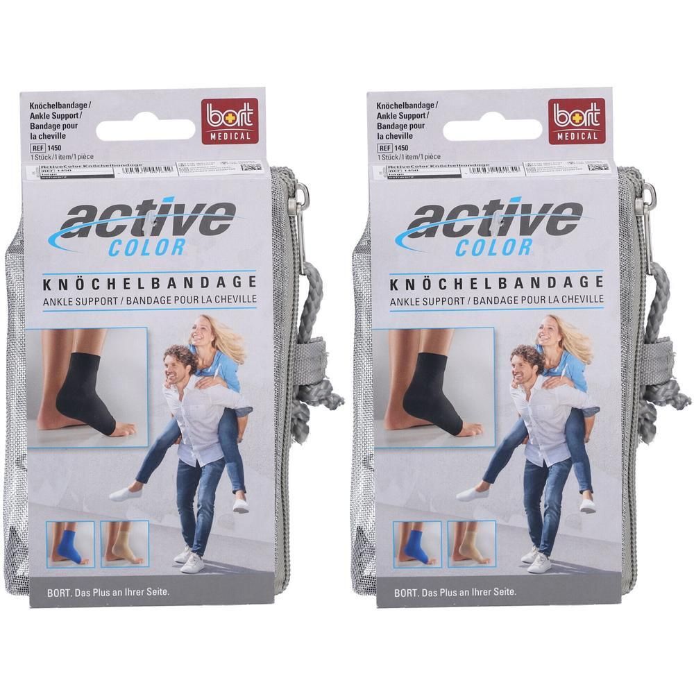 Twee zwarte BORT ActiveColor® enkelbraces, verpakt in dozen met afbeeldingen en een grijze netzak.