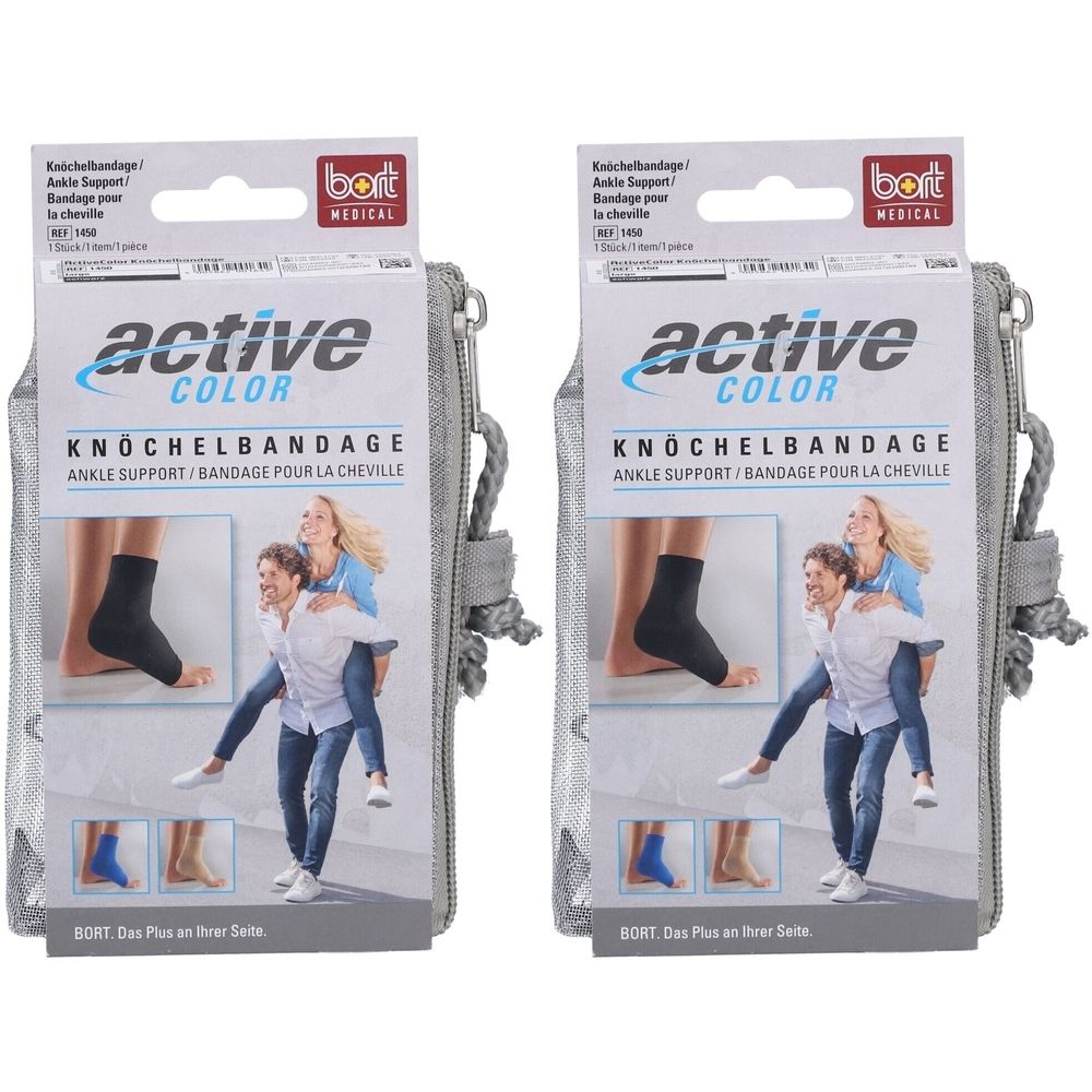 Deux genouillères BORT ActiveColor® noires, emballées dans des boîtes avec illustrations et un sac en filet gris.