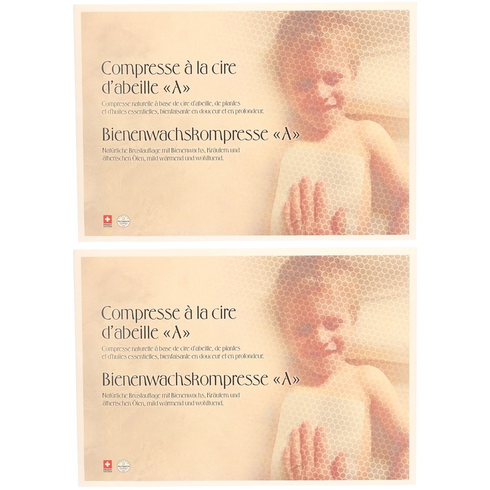Deux cartes identiques. Texte: Compresse à la cire d'abeille «A» et Bienenwachskompresse «A». Enfant avec motif en nid d'abeille.