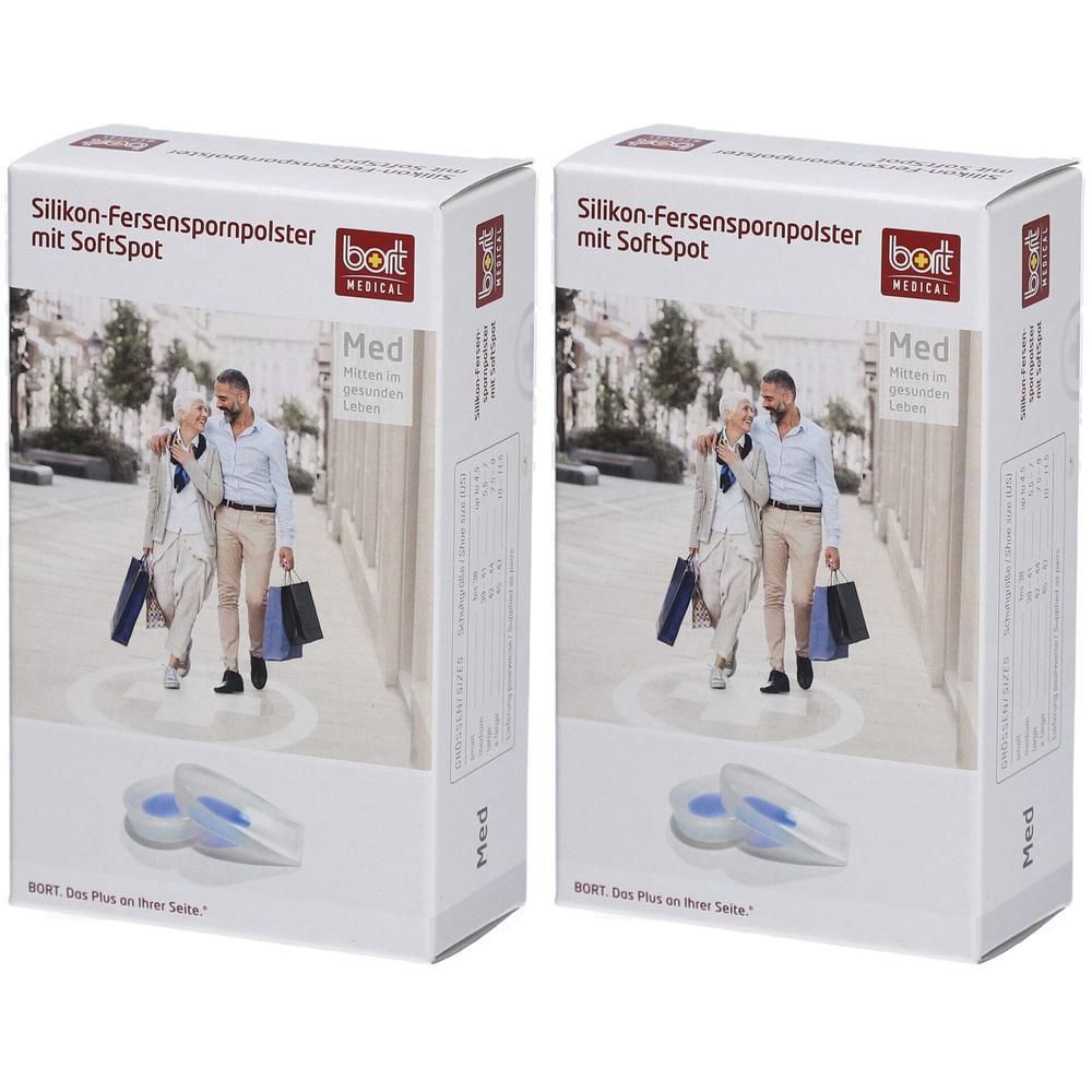 Deux paquets de coussinets BORT pour éperon calcanéen en silicone avec SoftSpot. Coussinets bleus avec insert blanc.