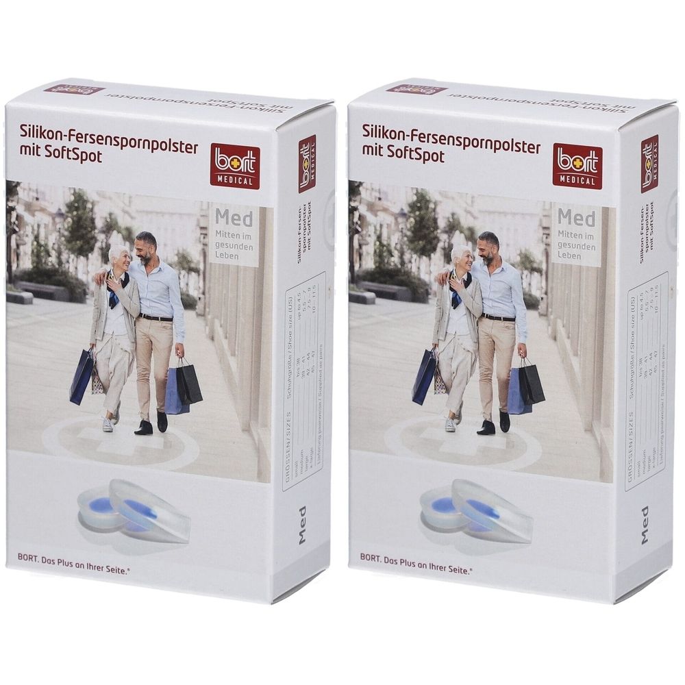 Deux paquets de coussinets BORT pour éperon calcanéen en silicone avec SoftSpot. Coussinets bleus avec insert blanc.