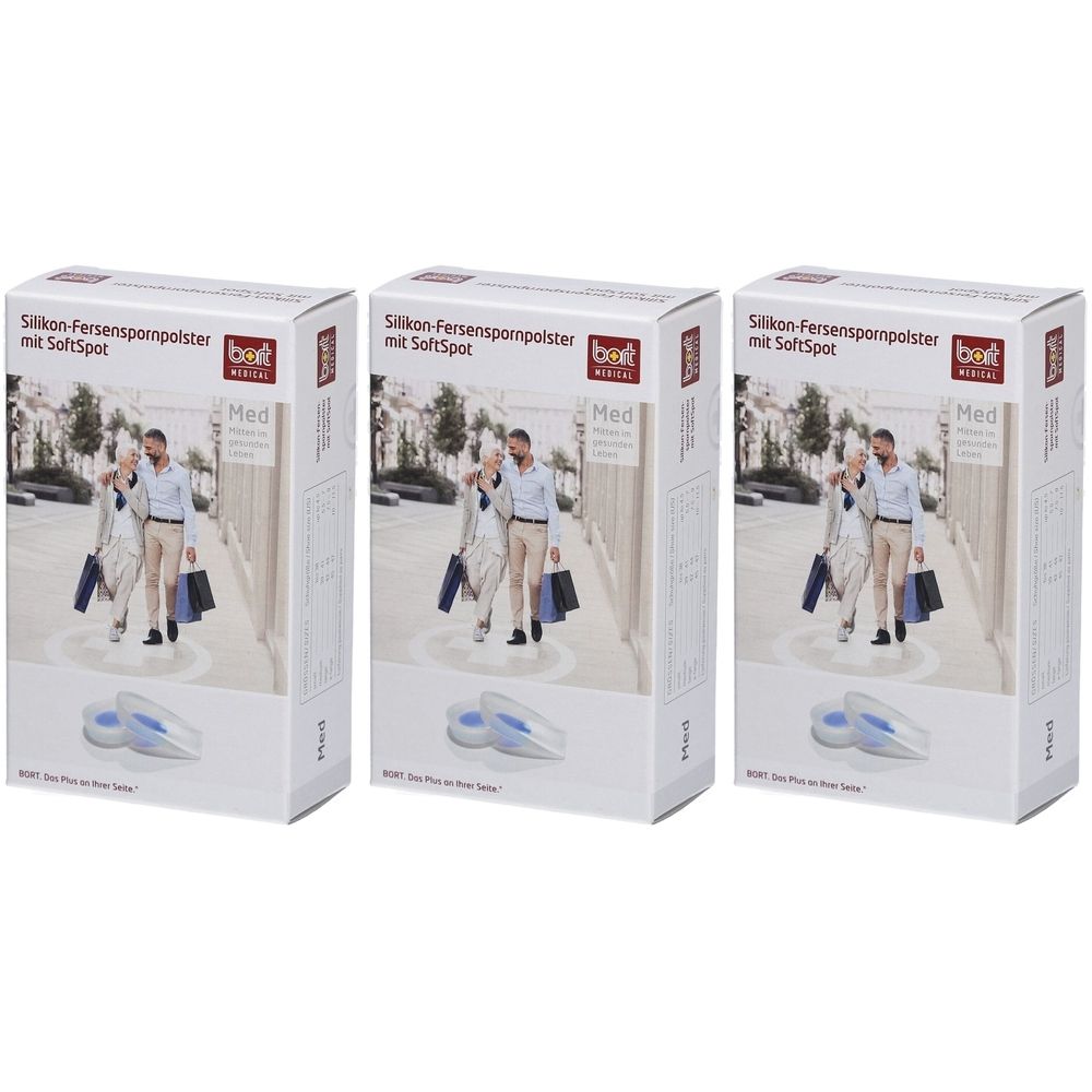 Trois paquets de coussinets de talon en silicone BORT avec SoftSpot. Boîtes blanches avec image du produit et logo du fabricant.