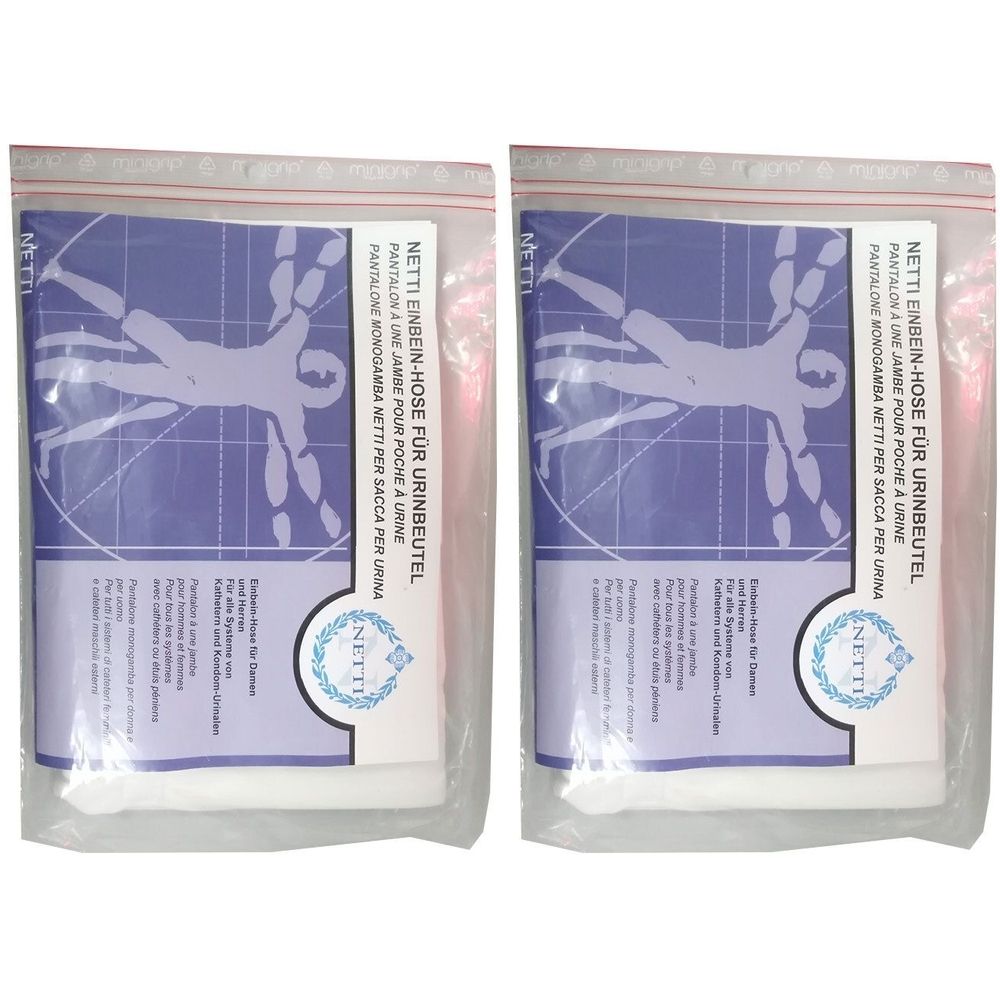 Twee verpakte NETTI broeken voor urinezakken. Elke verpakking bevat een wit product met een blauw etiket en tekst.