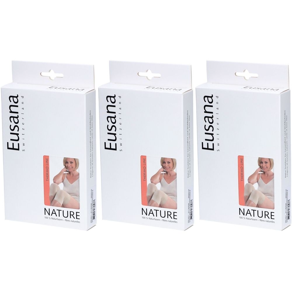 Drie witte productverpakkingen. Opdruk: merk Eusana, afbeelding van een vrouw, tekst NATURE. Beige kniewarmers afgebeeld.