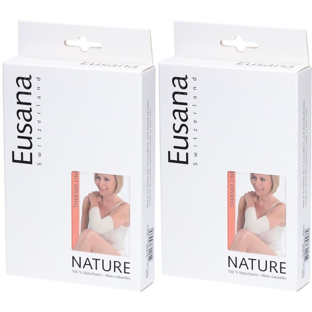Twee witte dozen met productafbeelding. Opschrift: Eusana, Switzerland, NATURE, Thermo Line. Product: elleboogwarmer.