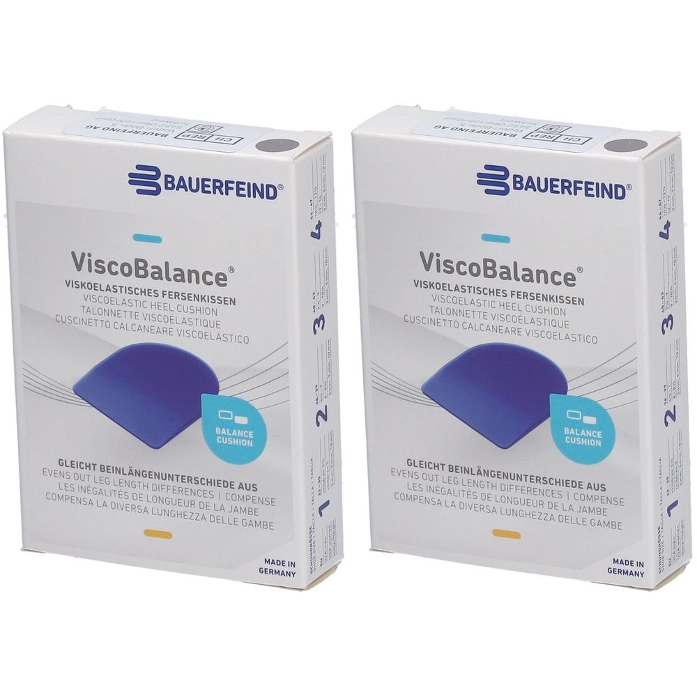 Deux boîtes de coussinets de talon ViscoBalance. Marque Bauerfeind. Coussin bleu représenté. Fabriqué en Allemagne.