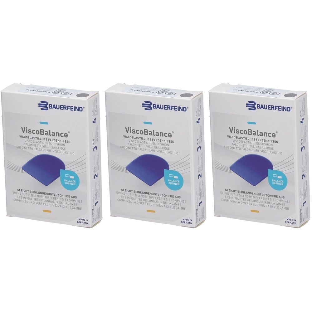 Trois boîtes de semelles ViscoBalance. Chaque boîte présente un coussin bleu et le logo Bauerfeind.