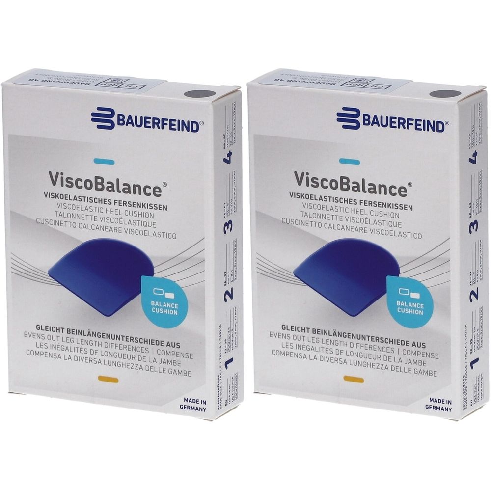 Twee productverpakkingen. Opschrift: ViscoBalance, visco-elastisch hielkussen. Merk: Bauerfeind. Blauwe inlegzool afgebeeld. Gemaakt in Duitsland.