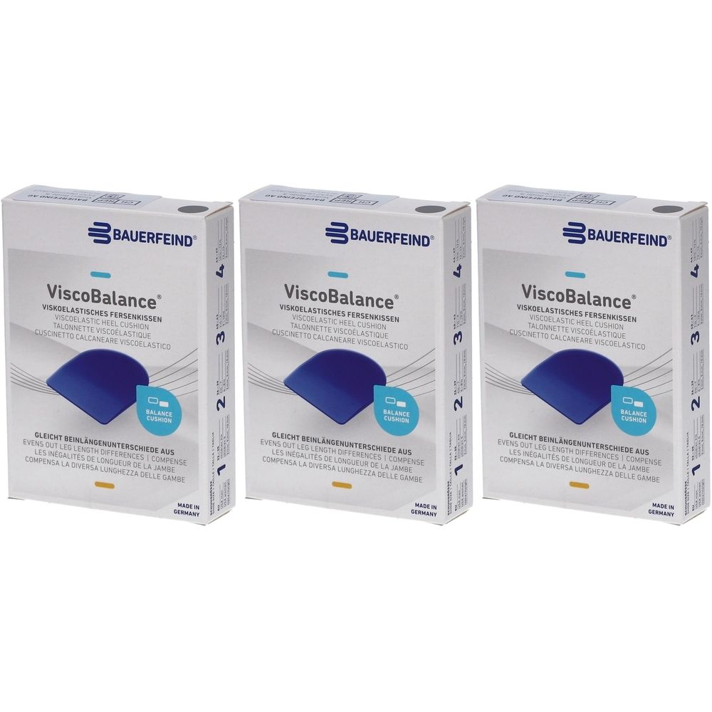 Drie productverpakkingen van Bauerfeind ViscoBalance. Elke verpakking toont een blauwe, vierkante inlegzool. Tekst: ViscoBalance, Made in Germany.