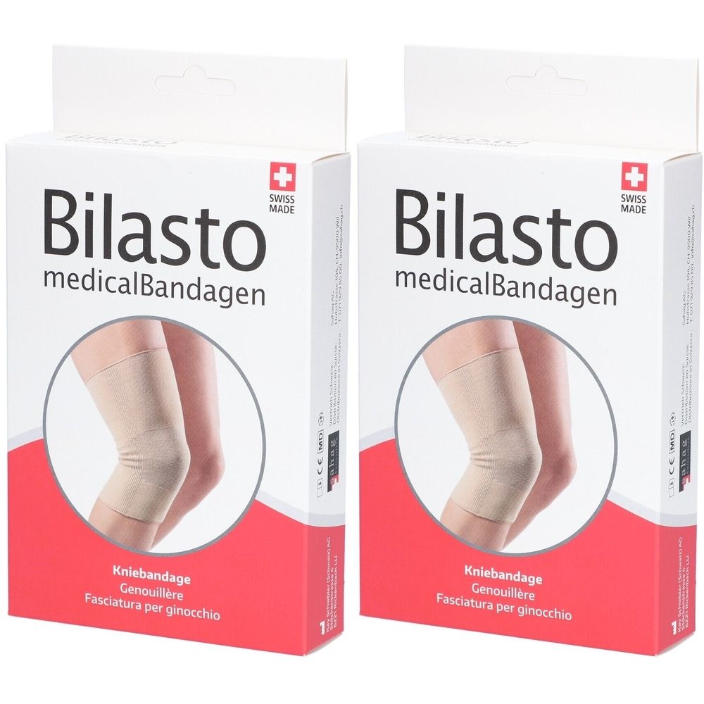 Twee verpakkingen Bilasto medicalBandagen. Afbeelding van beige kniebeschermers. Zwitsers kruis. Tekst: Kniebandage, Genouillère, Fasciatura per ginocchio.