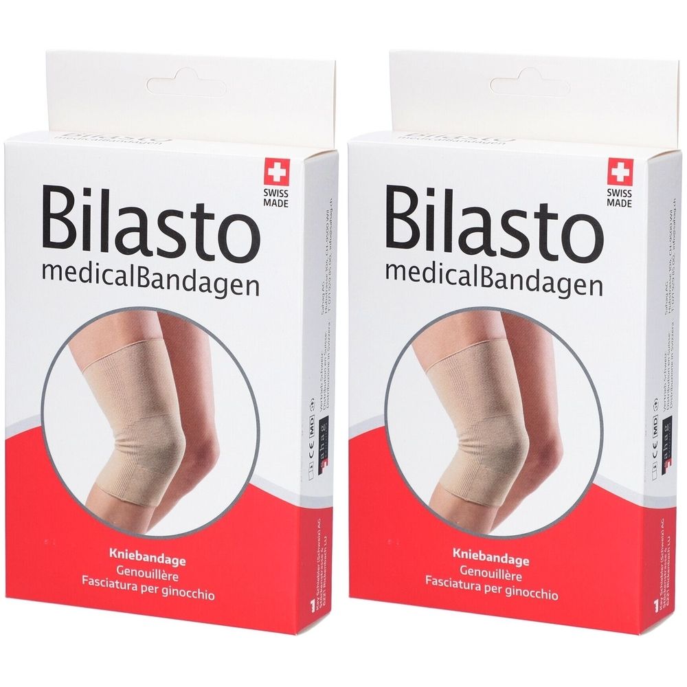 Twee dozen kniebeschermers. Opschrift: Bilasto medicalBandagen. Zwitsers kruis. Beige kniebeschermer afgebeeld. Tekst: Kniebandage, Genouillère, Fasciatura per ginocchio.