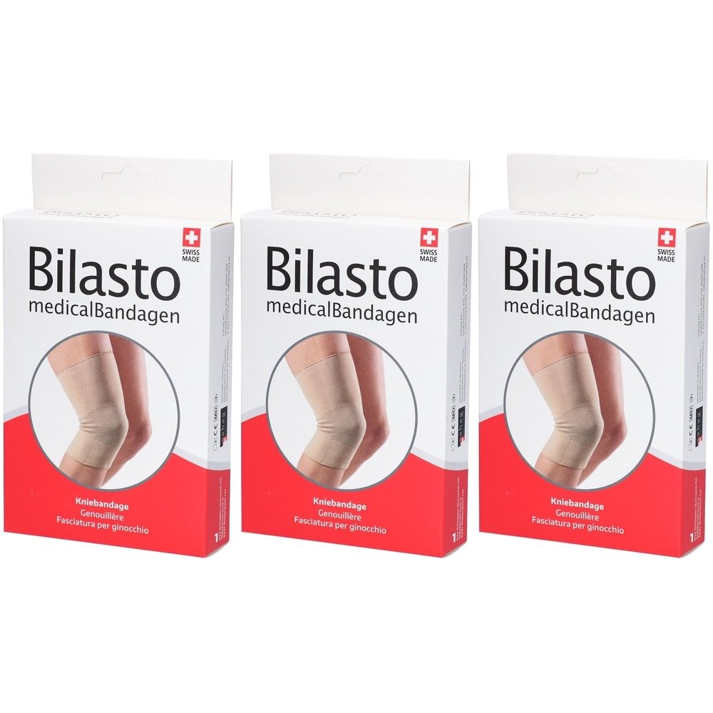 Trois boîtes de BILASTO medicalBandagen. Chaque boîte présente un modèle de genouillère beige. Croix suisse.