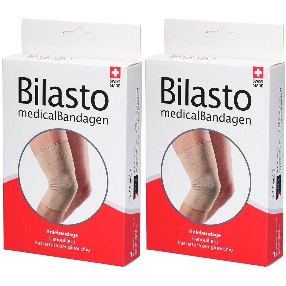 Deux boîtes de BILASTO medicalBandagen. Genouillère beige illustrée. Croix suisse. Texte : Kniebandage, Genouillère, Fasciatura per ginocchio.