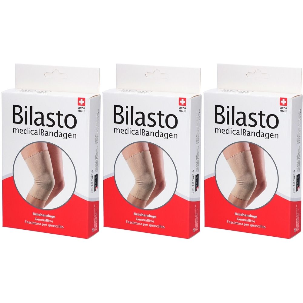 Trois boîtes de BILASTO medicalBandagen. Chaque boîte montre un bandage de genou. Croix suisse.
