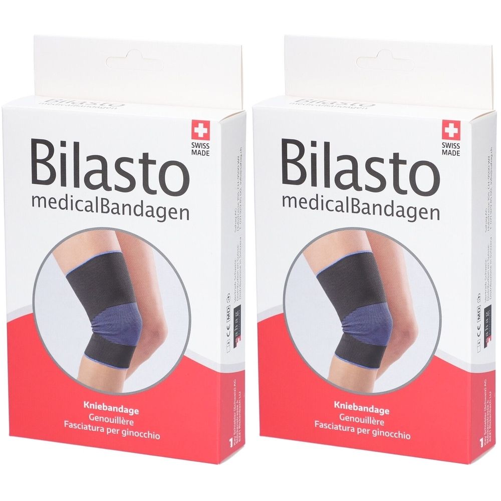 Deux boîtes de BILASTO medicalBandagen. Chaque boîte montre un exemple de genouillère. Croix suisse et texte : Swiss Made.