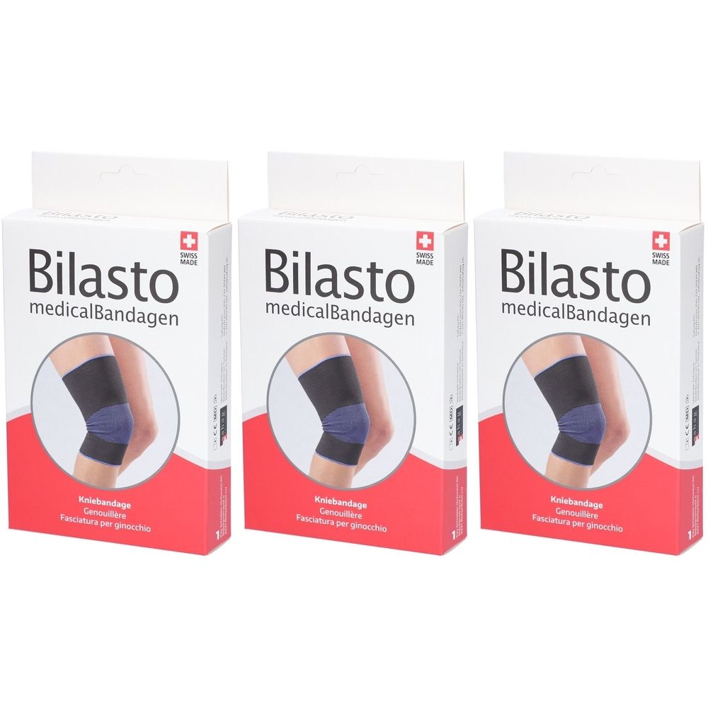 Drie verpakkingen van Bilasto medicalBandagen. Elke verpakking toont een kniebrace in zwart en blauw. Zwitsers kruis.