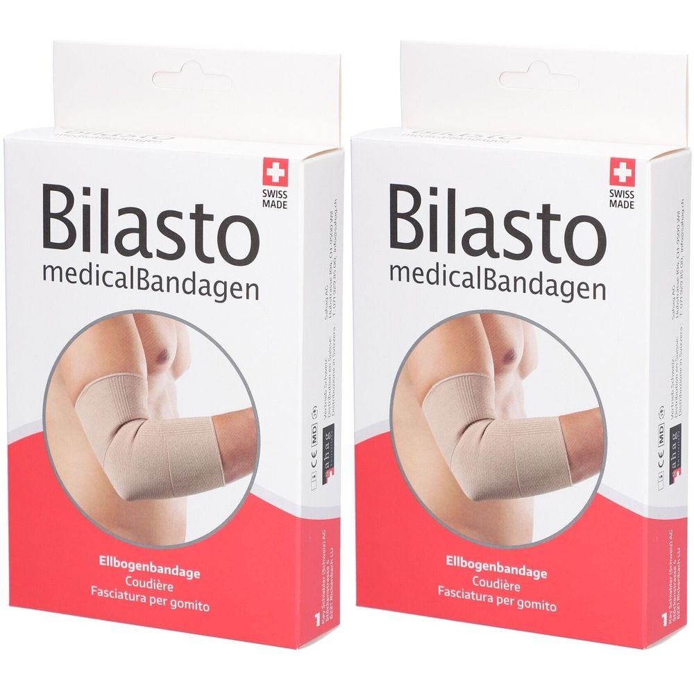 Twee verpakkingen BILASTO elleboogbandage. Beige bandage, Zwitsers kruis. Opschrift: medicalBandagen, Ellbogenbandage, Coudière, Fasciatura per gomito.
