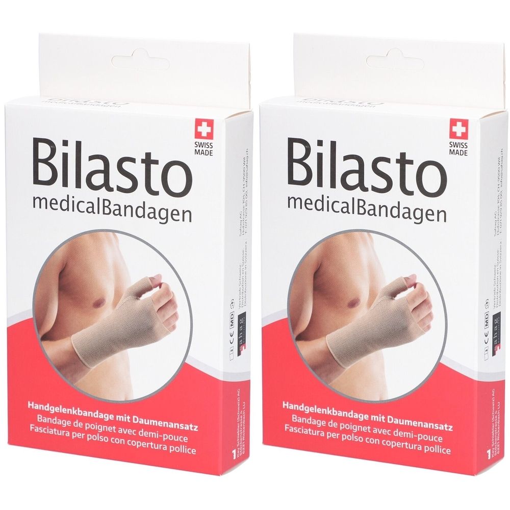 Deux boîtes de bandage de poignet Bilasto. Boîte blanche avec image du produit et texte. Croix suisse. Bandage de poignet avec demi-pouce.