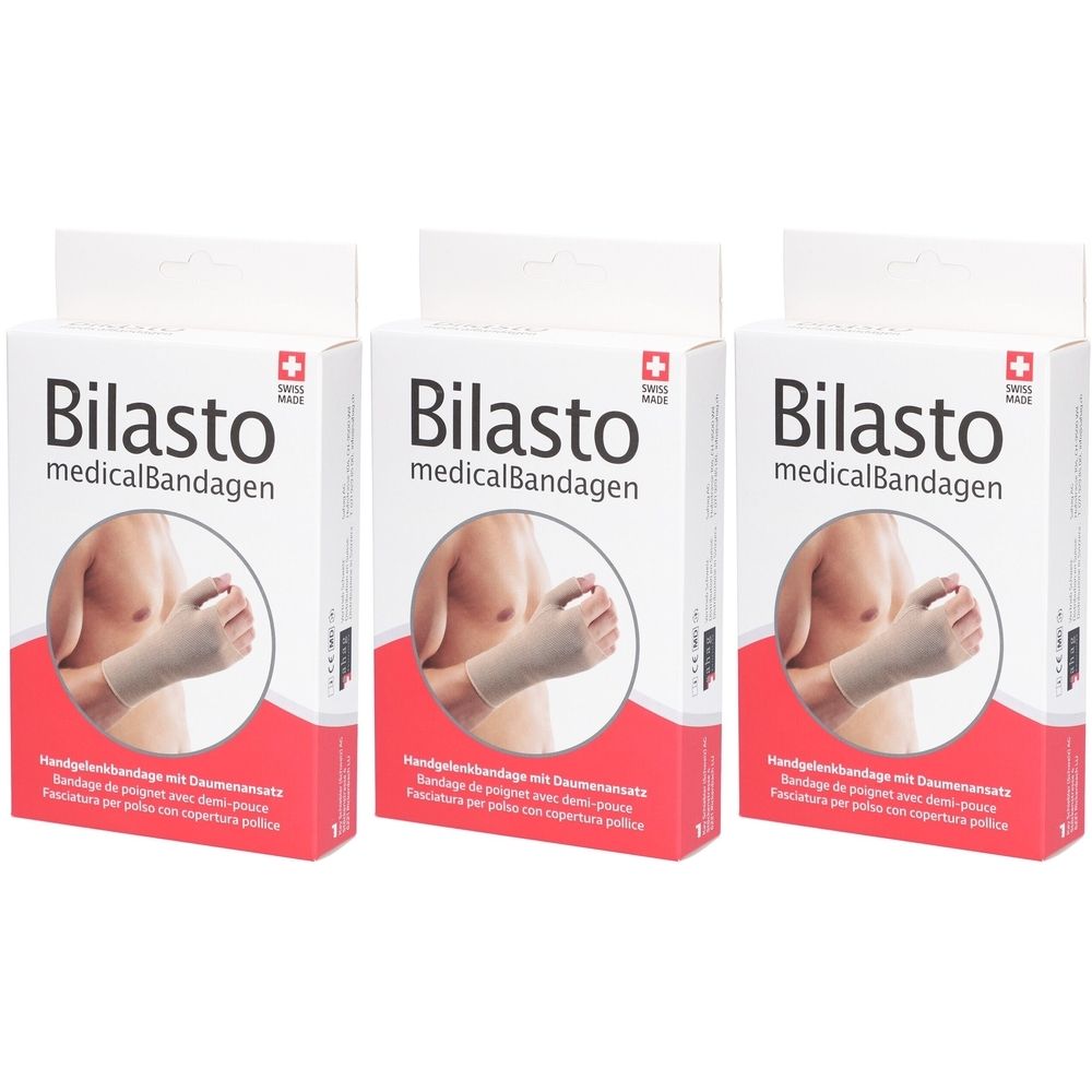 Trois boîtes de bandage de poignet BILASTO. Boîtes blanches avec image du produit et accent rouge. Croix suisse.