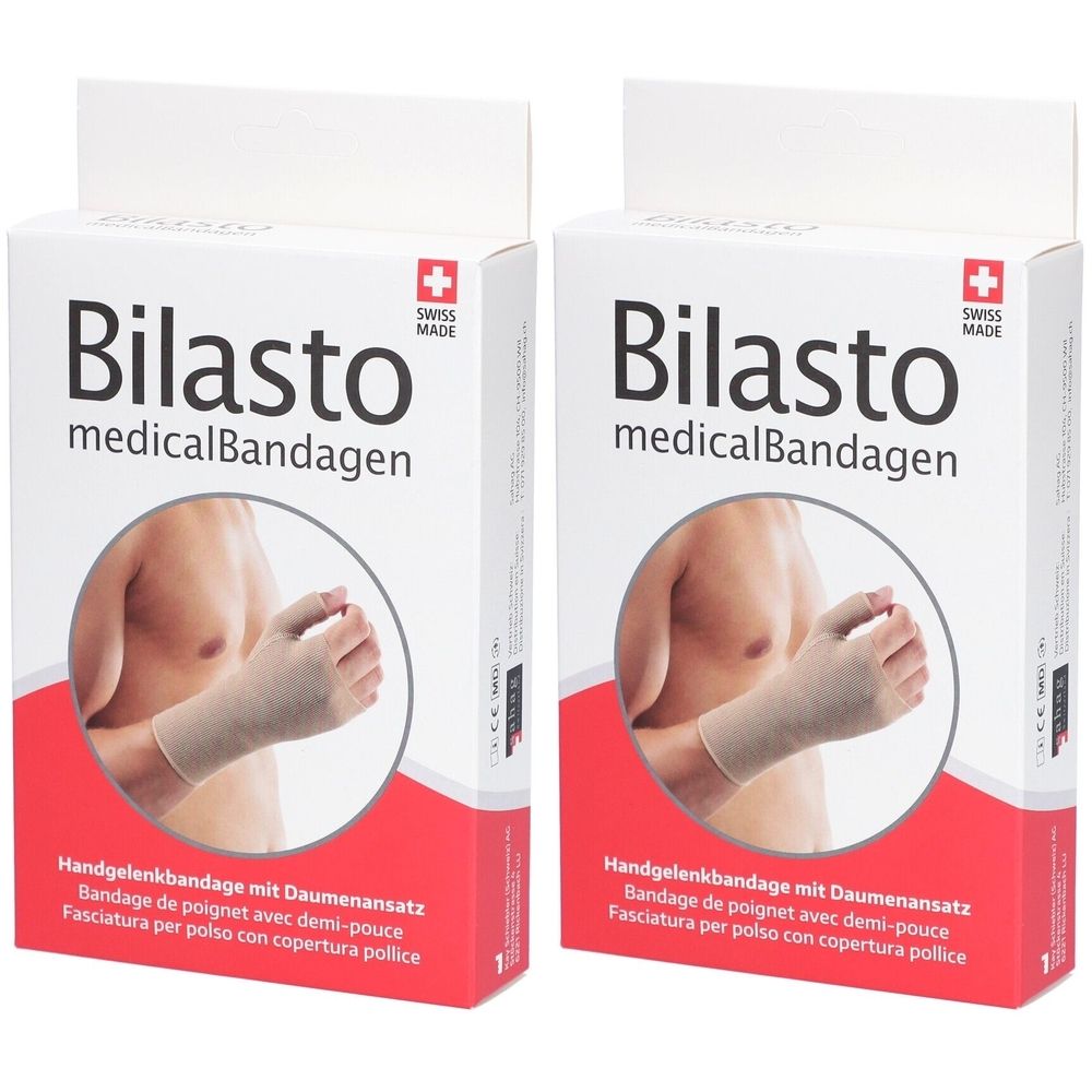 Deux boîtes de produit. Inscription: Bilasto medicalBandagen. Bandage de poignet avec demi-pouce. Logo Swiss Made. Bandage beige sur poignet illustré.