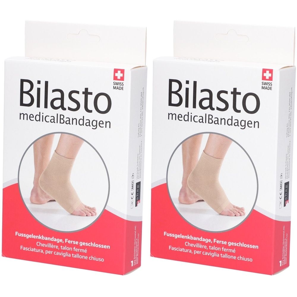 Twee verpakkingen BILASTO medicalBandagen. Opschrift: Enkelbandage, gesloten hiel. Zwitsers kruis. Beige enkelbandage op afbeelding.