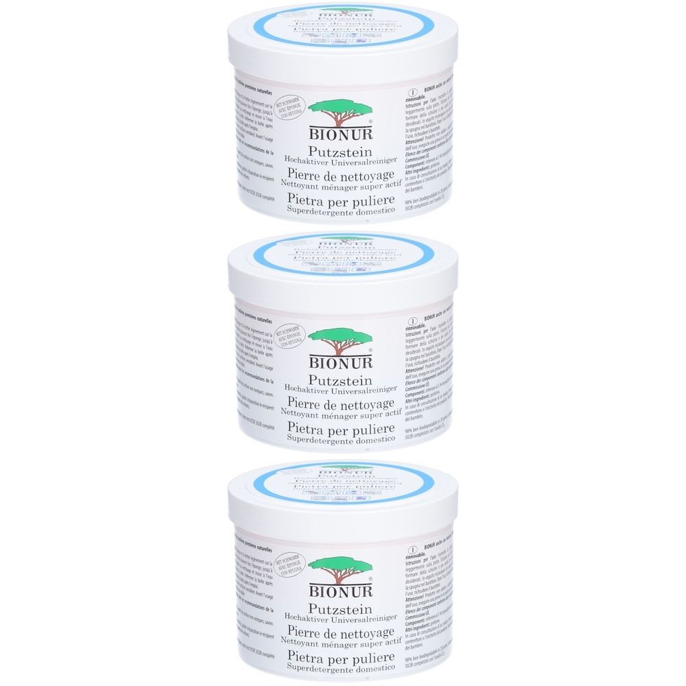 Trois pots blancs avec couvercles bleus. Inscription: BIONUR Putzstein, Pierre de nettoyage, Pietra per pulire.