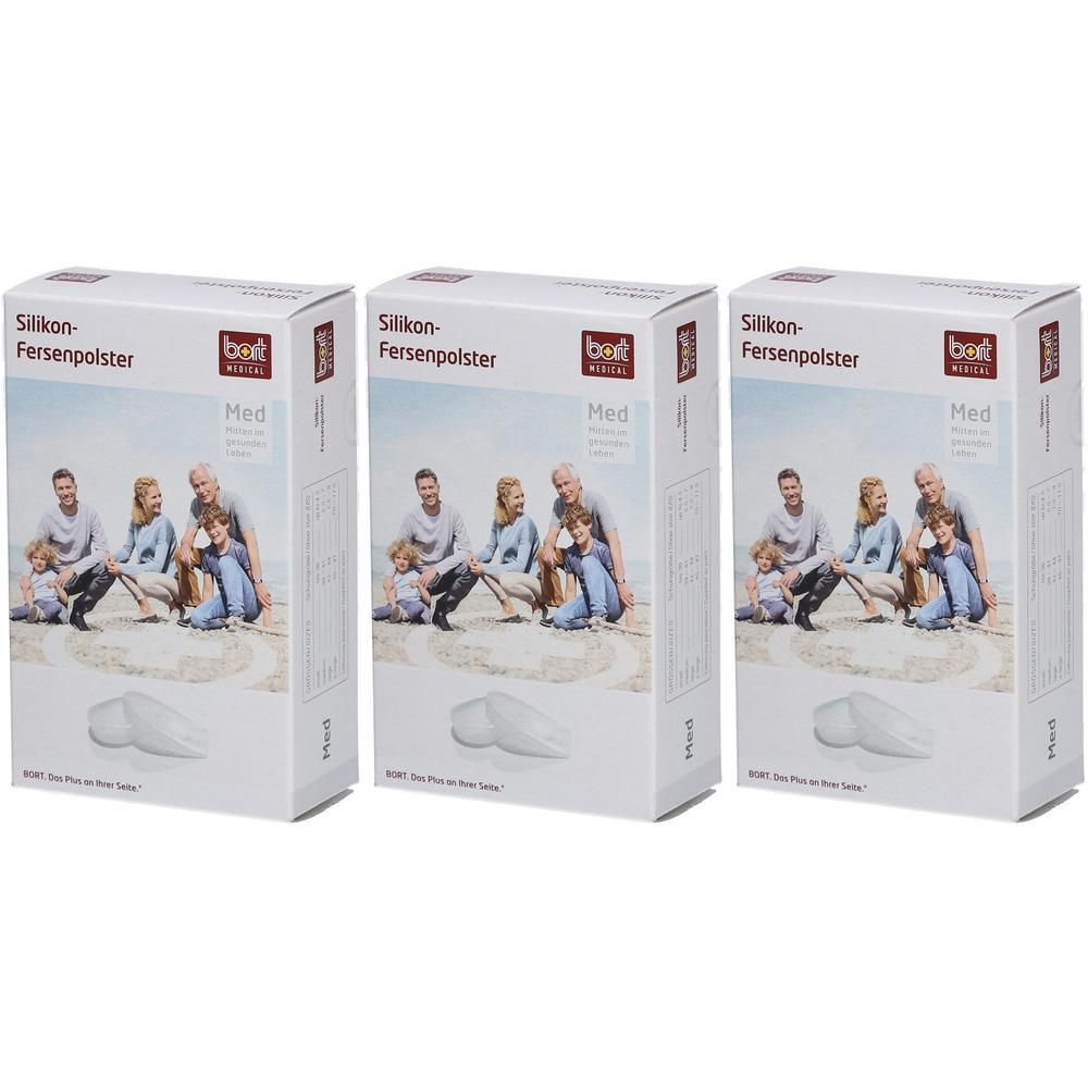 Trois paquets de talonnettes Bort en silicone Med, taille L. Chaque paquet montre une famille et une image de la talonnette.