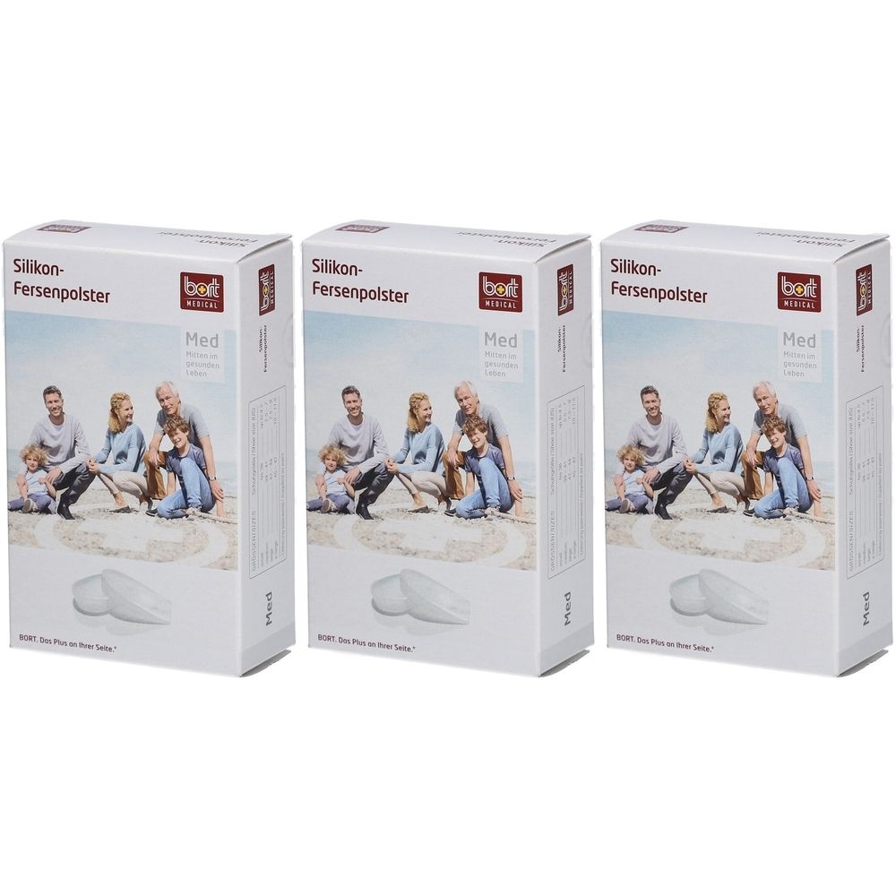 Trois paquets de talonnettes Bort en silicone Med, taille L. Chaque paquet montre une famille et une image de la talonnette.