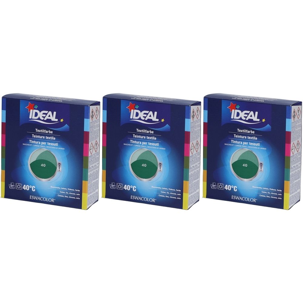 Drie dozen textielverf. Blauwe verpakking met logo en productnaam. Groen afgebeeld. Temperatuurindicatie 40°C.