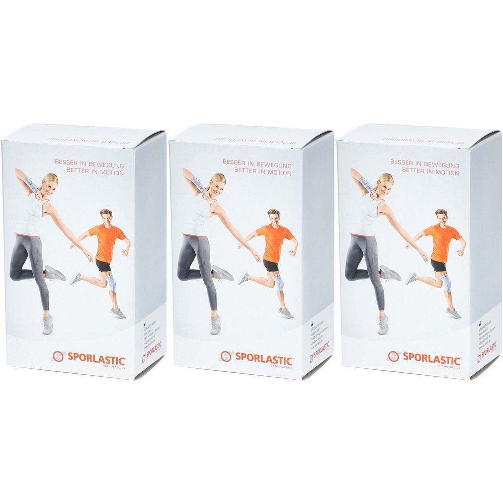 Trois boîtes blanches avec des illustrations de personnes en mouvement. Inscription : SPORLASTIC et slogan.