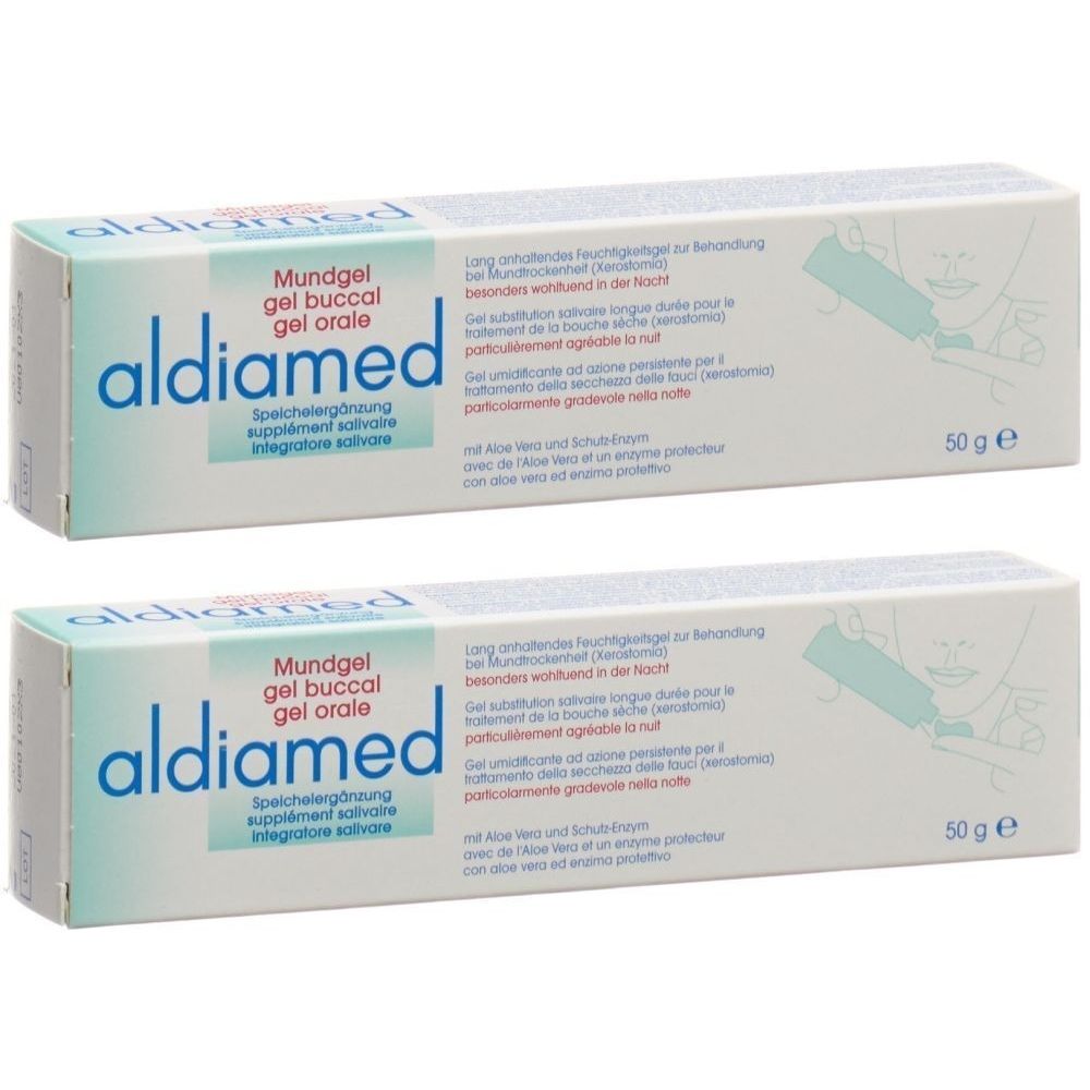 Twee dozen aldiamed mondgel. Opschrift: Mundgel, gel buccal, gel orale. 50 g. Met Aloë Vera en beschermend enzym.
