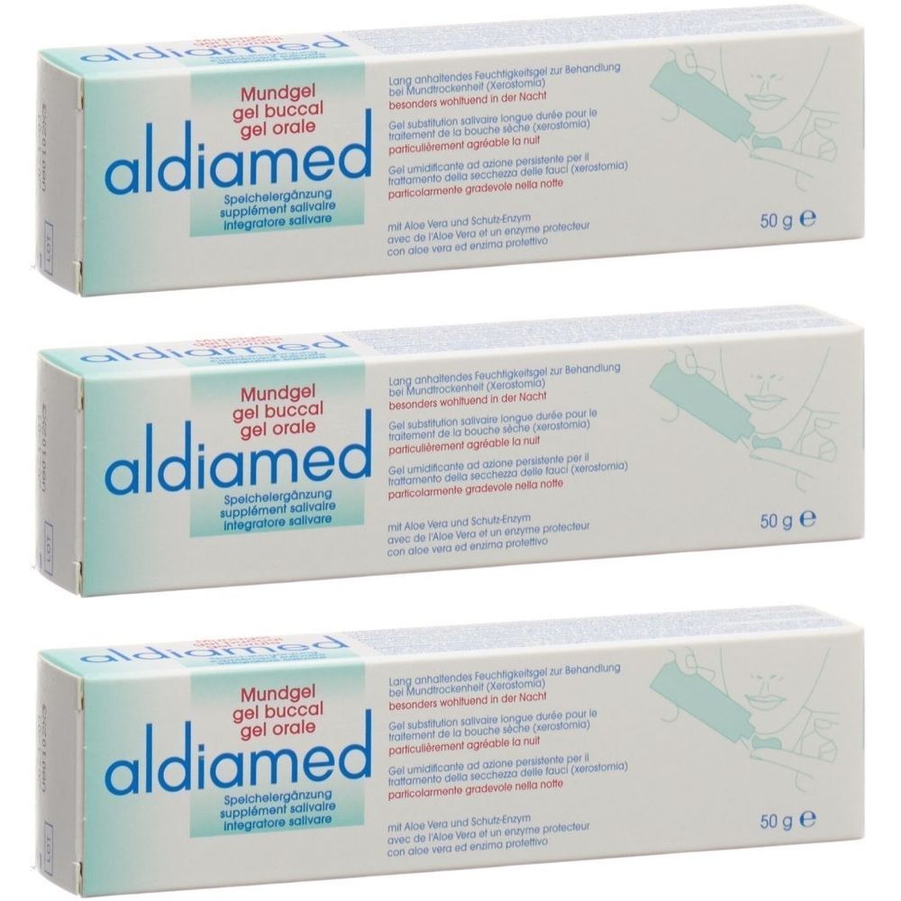Drie dozen aldiamed Mundgel. Opschrift: Mundgel, gel buccal, gel orale. Verpakking met informatie en 50 g.