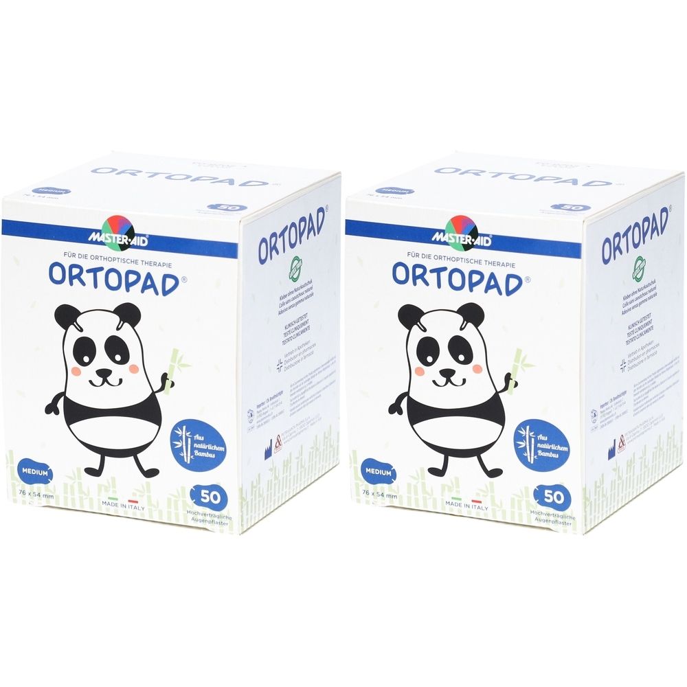 Twee verpakkingen Ortopad oogpleisters Medium met panda-afbeelding, 50 stuks per stuk.