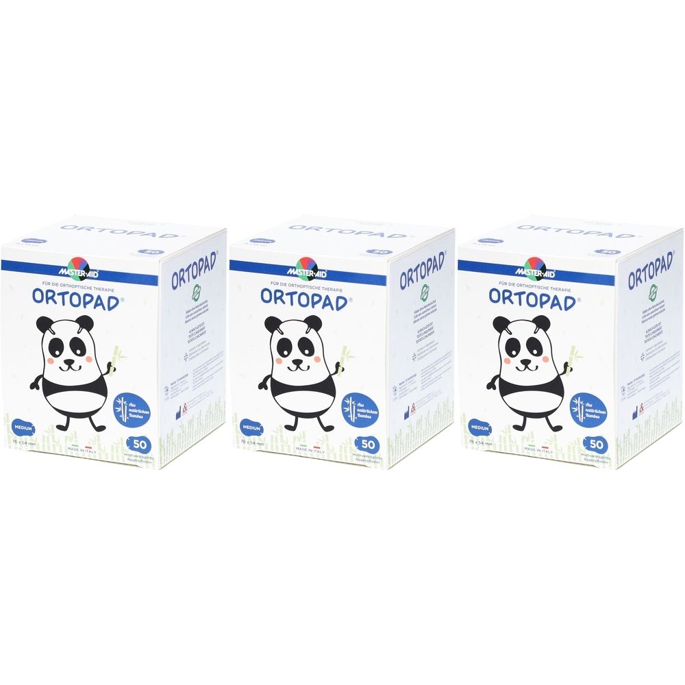 Drie pakken Ortopad oogpleisters met panda-afbeelding, 50 stuks per pak.