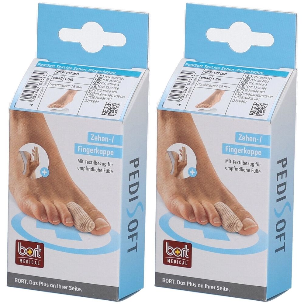 Twee productverpakkingen. Opschrift: Zehen-/Fingerkappe, PediSoft, bort medical. Afbeelding van een voet met een teenkap.