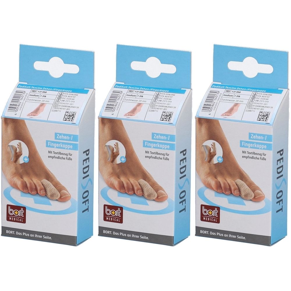 Trois boîtes de produit. Chacune montre un protège-orteils sur un pied. Inscription : PediSoft, Bort Medical. Texte : Zehen-/Fingerkappe.