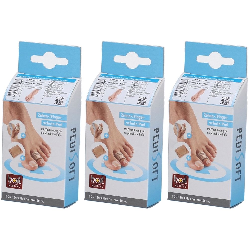 Trois boîtes de Bort PediSoft TexLine protège-orteils/doigts. Boîtes avec image du produit et suspension bleue.
