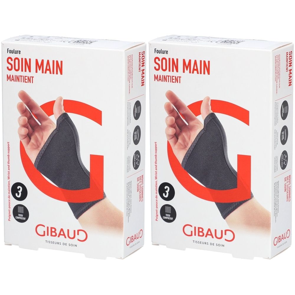 Deux boîtes de bandage pour le pouce et le poignet. Inscription : GIBAUD, SOIN MAIN, MAINTIENT. Taille 3.